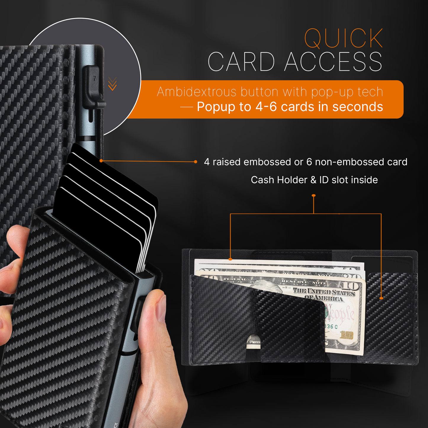 Conceal Plus Card Blocr RFID Blocking Card Holder Pop Up Wallet for Men (4-6 Cards Ejector) - Minimalist Wallet with Internal Cash + ID Storage