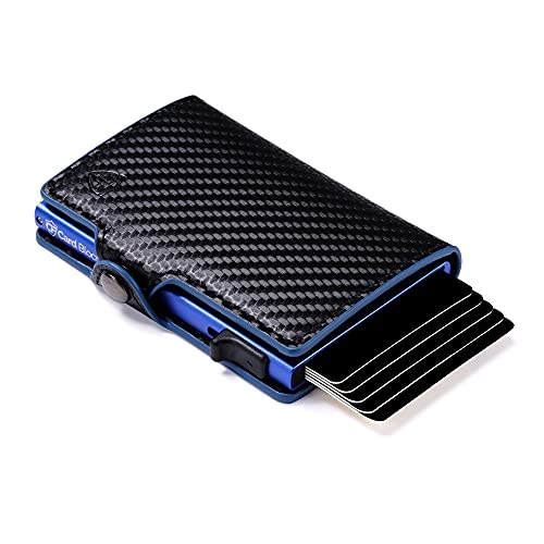 Card Blocr Credit Card Wallet Carbon Fiber PU Leather and Blue Metal Minimalist Wallet