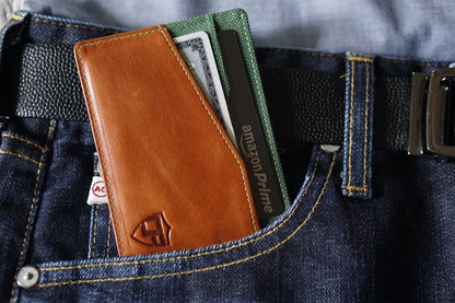 Card Blocr Minimalist Wallet in Distressed Brown Leather & Green Nylon | RFID Blocking Wallet