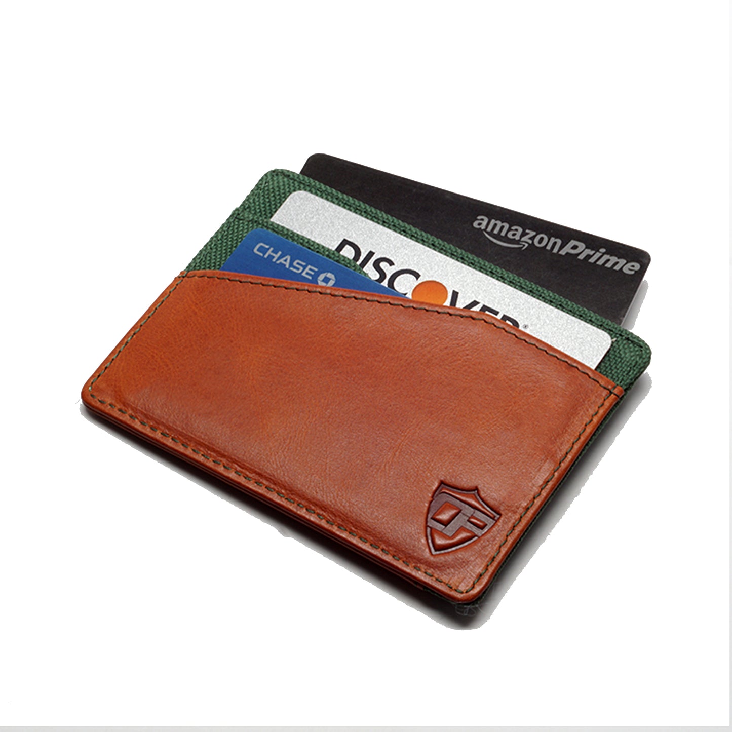 Card Blocr Minimalist Wallet in Distressed Brown Leather & Green Nylon | RFID Blocking Wallet