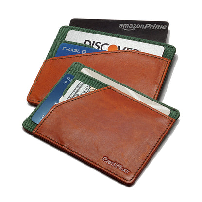 Card Blocr Minimalist Wallet in Distressed Brown Leather & Green Nylon | RFID Blocking Wallet