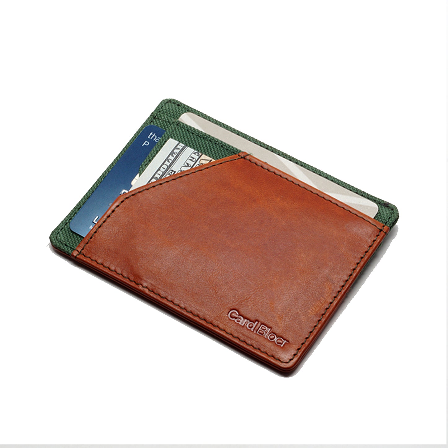 Card Blocr Minimalist Wallet in Distressed Brown Leather & Green Nylon | RFID Blocking Wallet