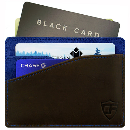 Card Blocr Minimalist Wallet in Brown Leather & Blue Suede | RFID Blocking Wallet