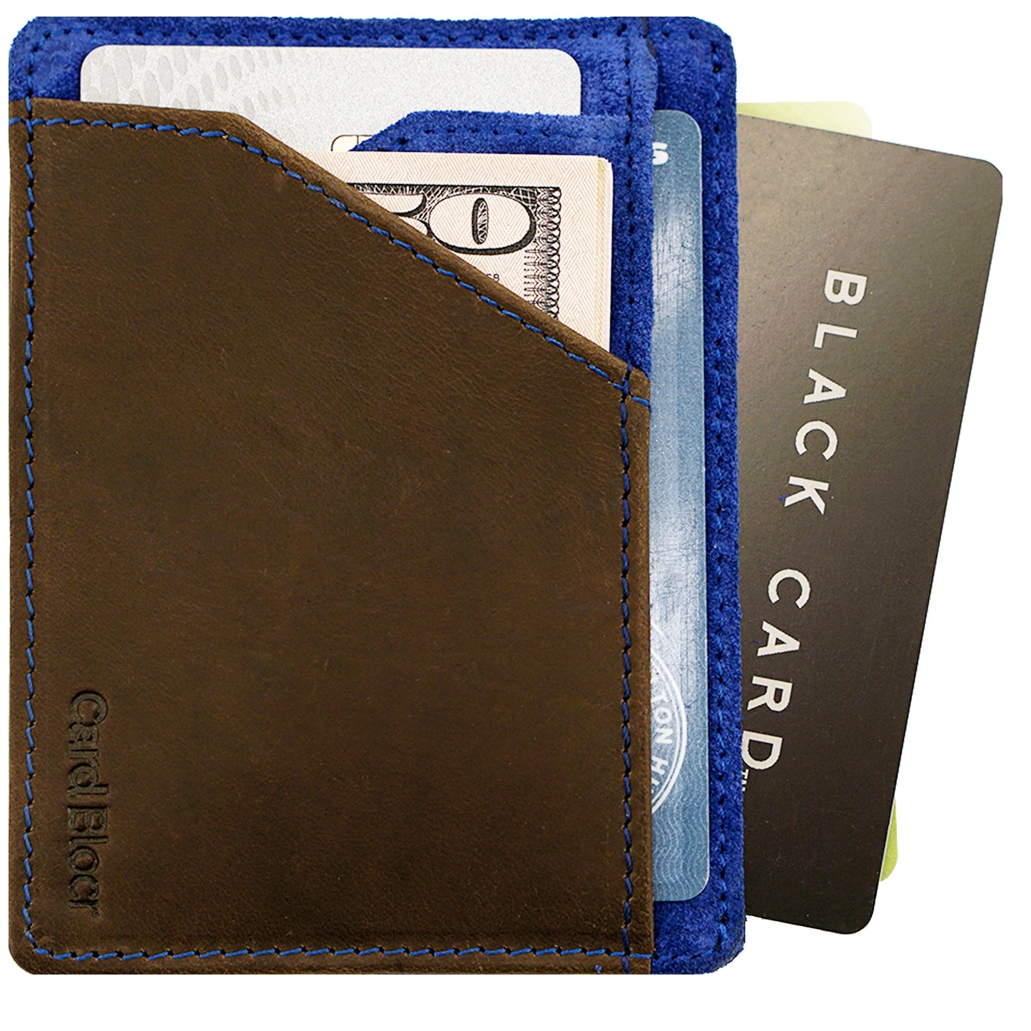 Card Blocr Minimalist Wallet in Brown Leather & Blue Suede | RFID Blocking Wallet