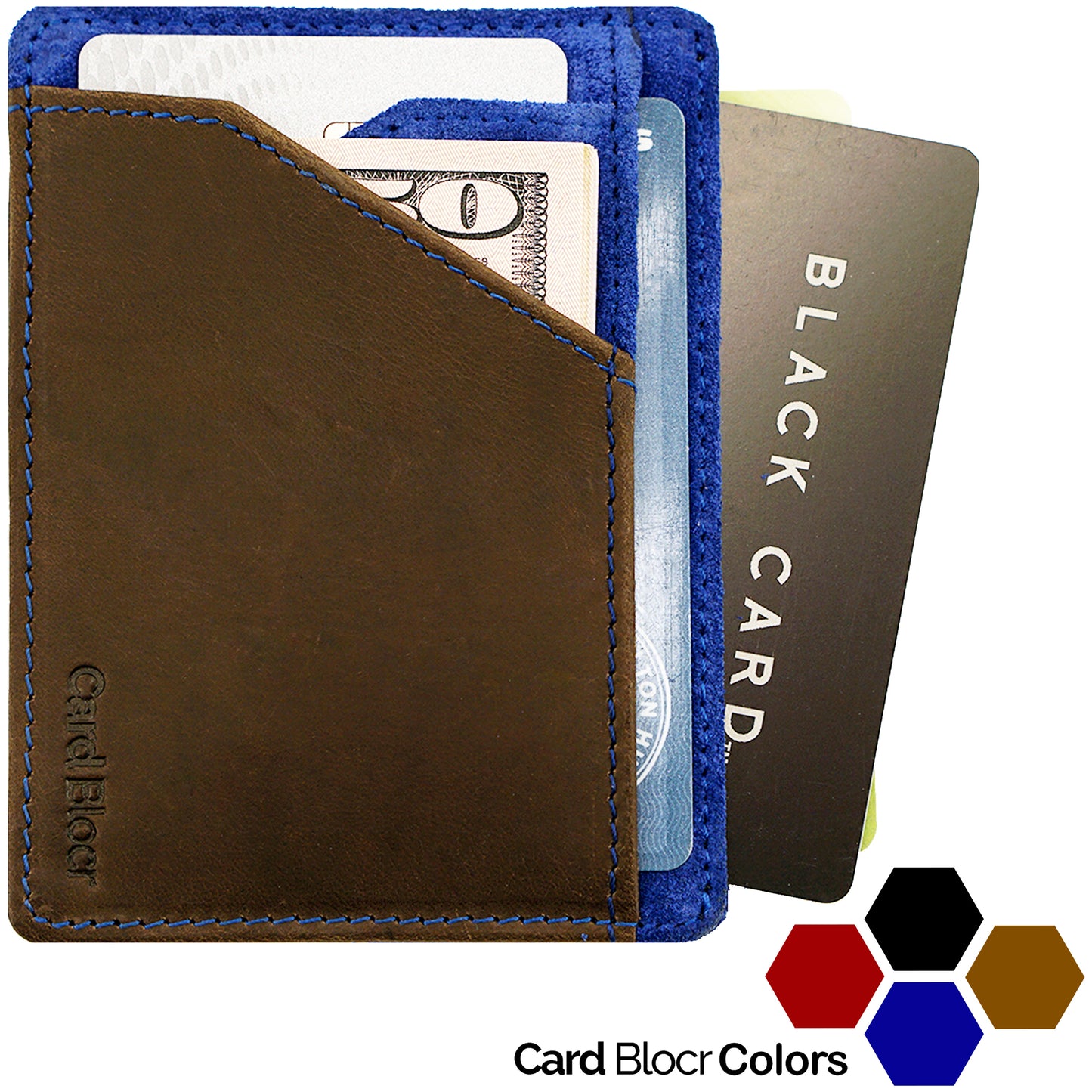 Card Blocr Minimalist Wallet in Brown Leather & Blue Suede | RFID Blocking Wallet