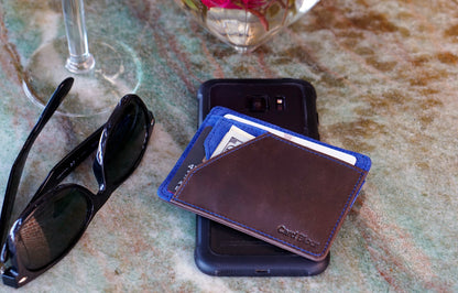 Card Blocr Minimalist Wallet in Brown Leather & Blue Suede | RFID Blocking Wallet