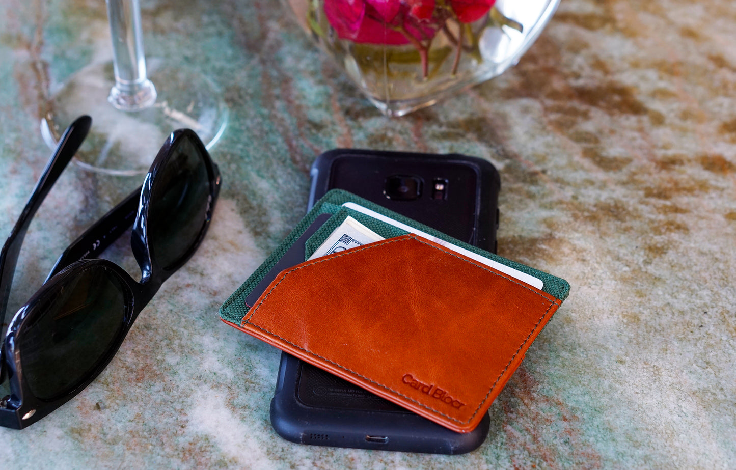 Card Blocr Minimalist Wallet in Distressed Brown Leather & Green Nylon | RFID Blocking Wallet