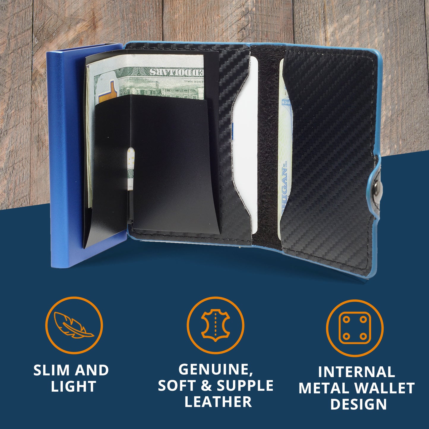 Card Blocr Credit Card Wallet Carbon Fiber PU Leather and Blue Metal Minimalist Wallet
